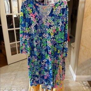 Lilly Pulitzer Loran swing dress Floral V-Neck Dress in Blue and Pink L new
